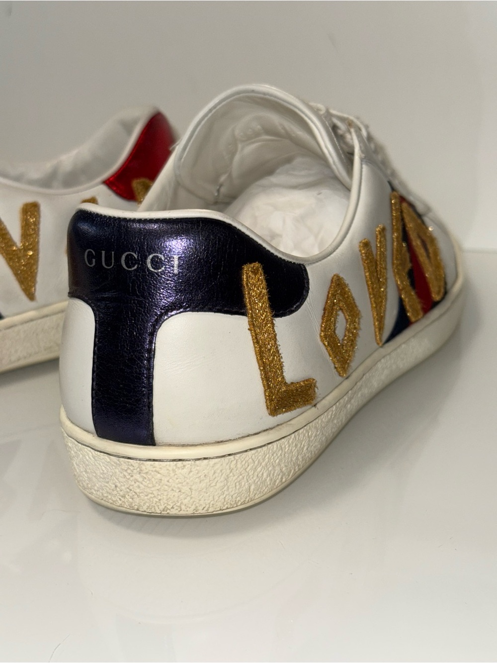 Gucci White Leather 'Loved' Sneakers with Red, Blue & Gold Accents - Picture 9 of 17